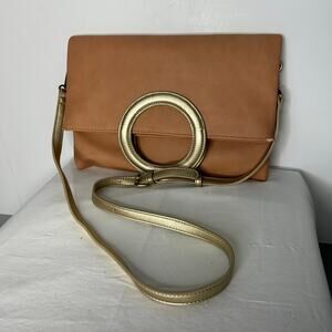 Anthropologie Convertible Foldover Crossbody Clutch Gold Ring Handle Tan Bag